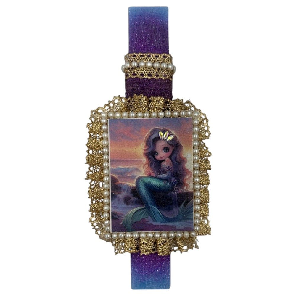 PapellΛαμπάδα Χειροποίητη Πλακέ Αρωματική Γοργόνα Ηλιοβασίλεμα Με Πέρλες Και Δαντέλαpapell.gr